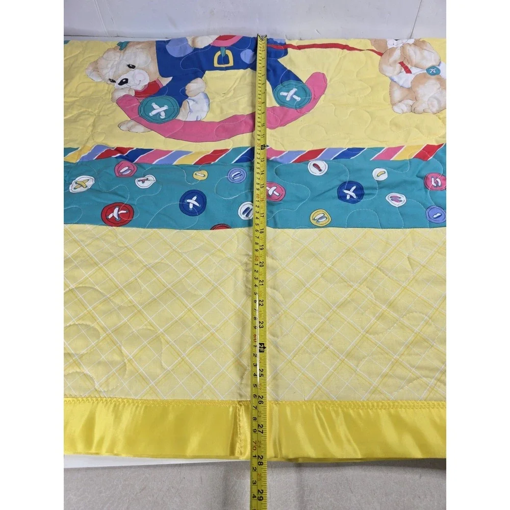 Vintage Baby Quilt Blanket Rocking Horse Teddy Bear Button Yellow Blue